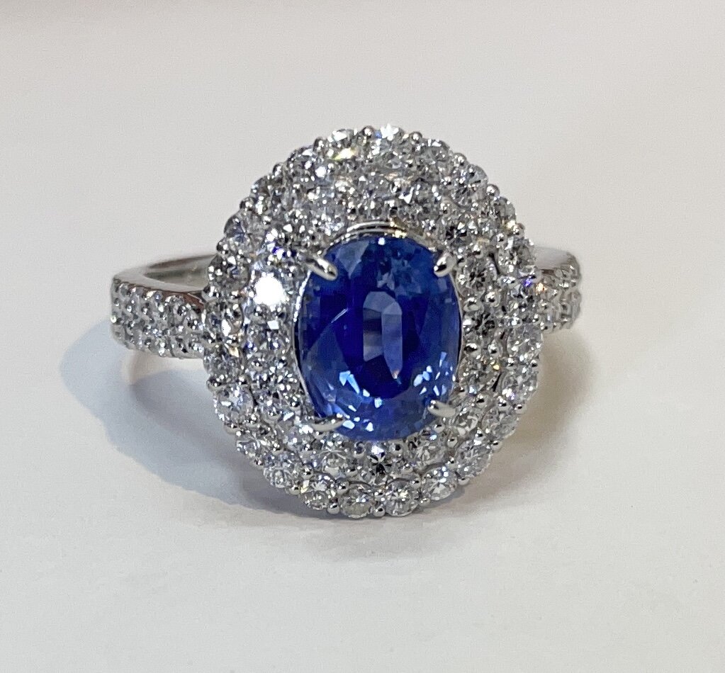 Classic JewelryPlatinum Sapphire and Diamond “Princess Di” Style ring. Fabulous quality 2.45 carat cornflower blue sapphire with .98 carat of fine diamonds. $2,445